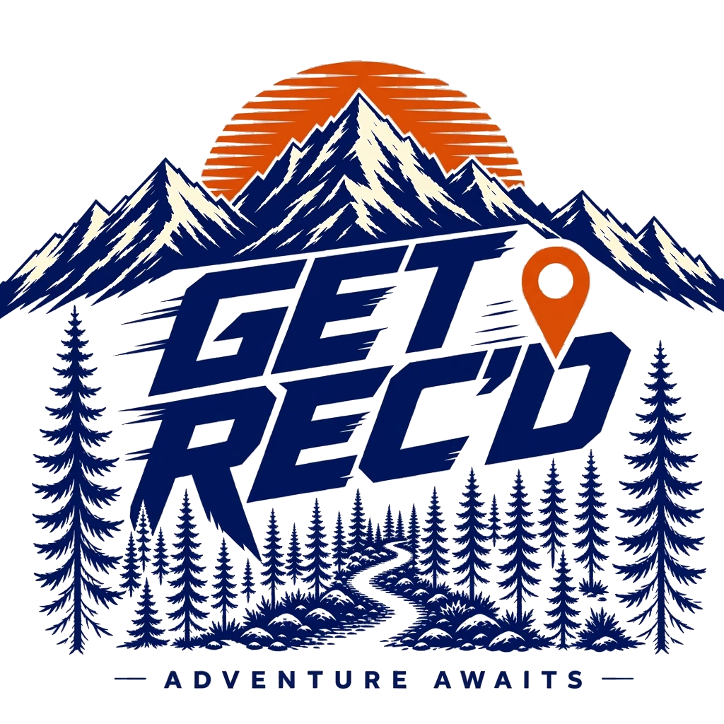 Get Rec'd — Rec Life Outdoors expedition emblem: inked mountain range, halftone sun and pine forest with a winding trail.