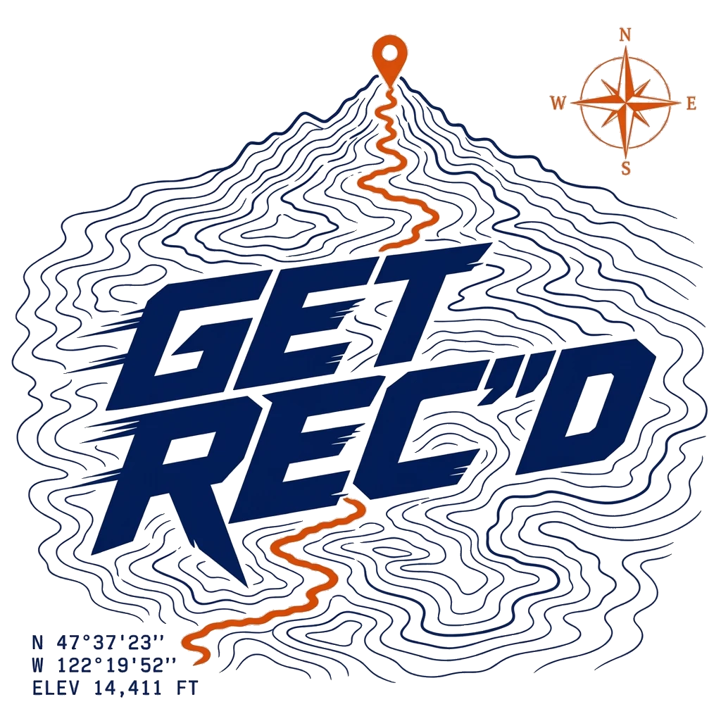 Get Rec'd topographic field map: navy contour lines forming a peak with an orange summit map-pin, a winding trail, a compass rose, and GPS coordinates N 47°37′23″ W 122°19′52″ ELEV 14,411 FT.